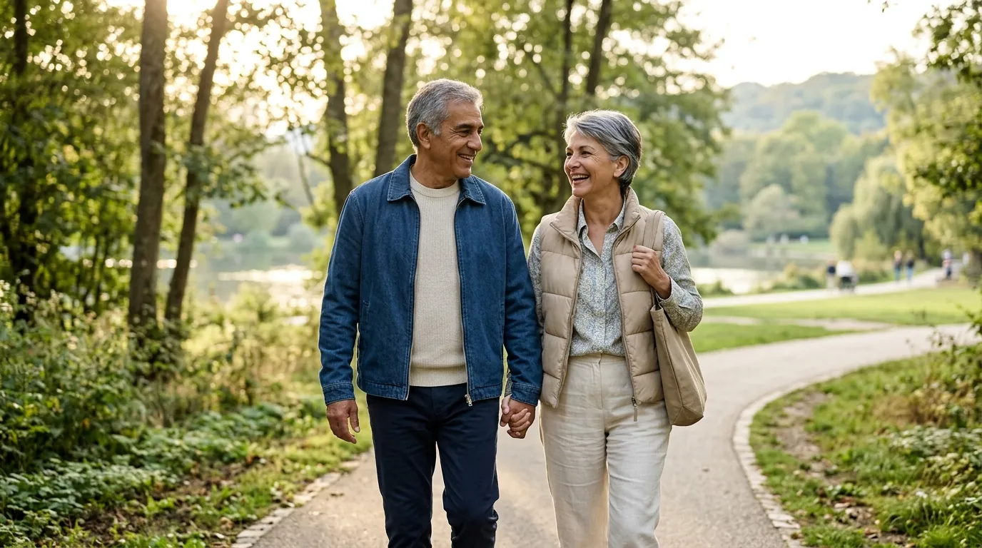 Active senior couple walking outdoors, supporting an everyday heart-healthy lifestyle